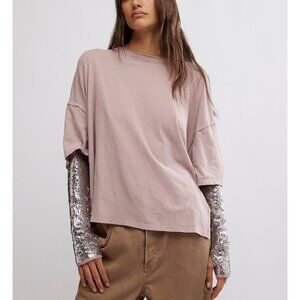 Free People Pink Long Sleeve Tee with Silver Sequin Sleeves